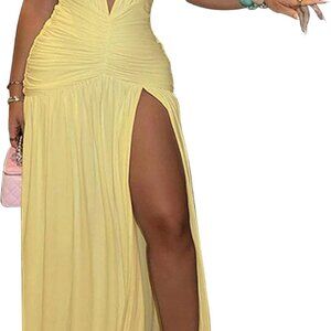 Women's Halter V Neck Maxi Dress Sleeveless Side Slit Elegant Summer Party